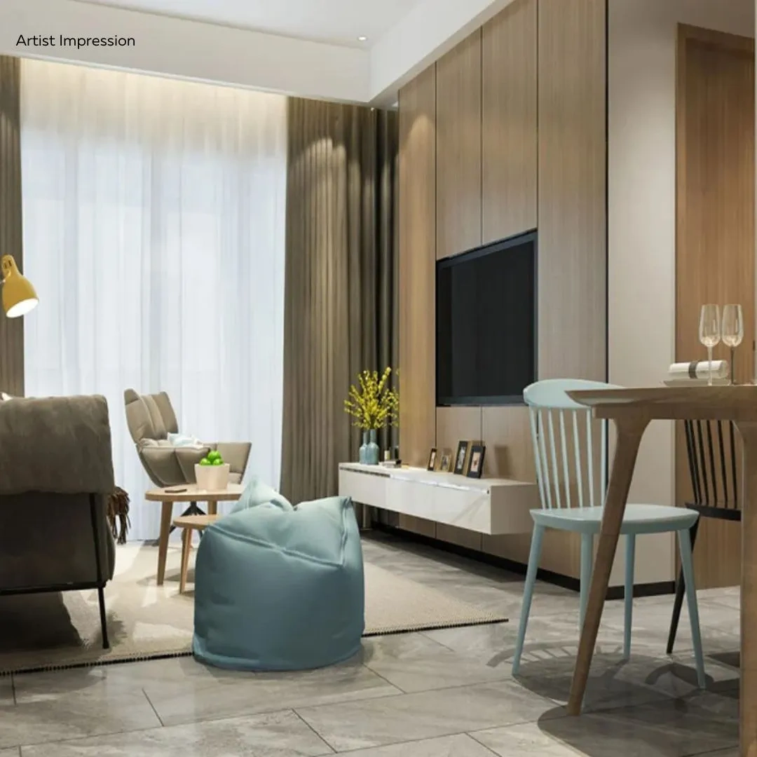 Living room with orange sofa and wooden partition