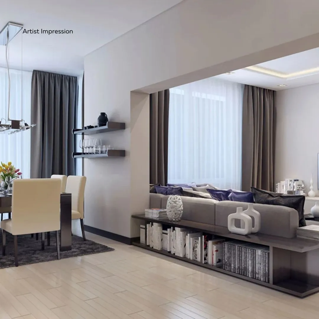 Elegant living room with blue ottoman